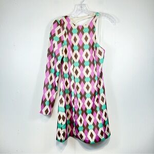 Zara Printed Satin Dress Retro Pink Green Brown One Shoulder Mini Dress Small